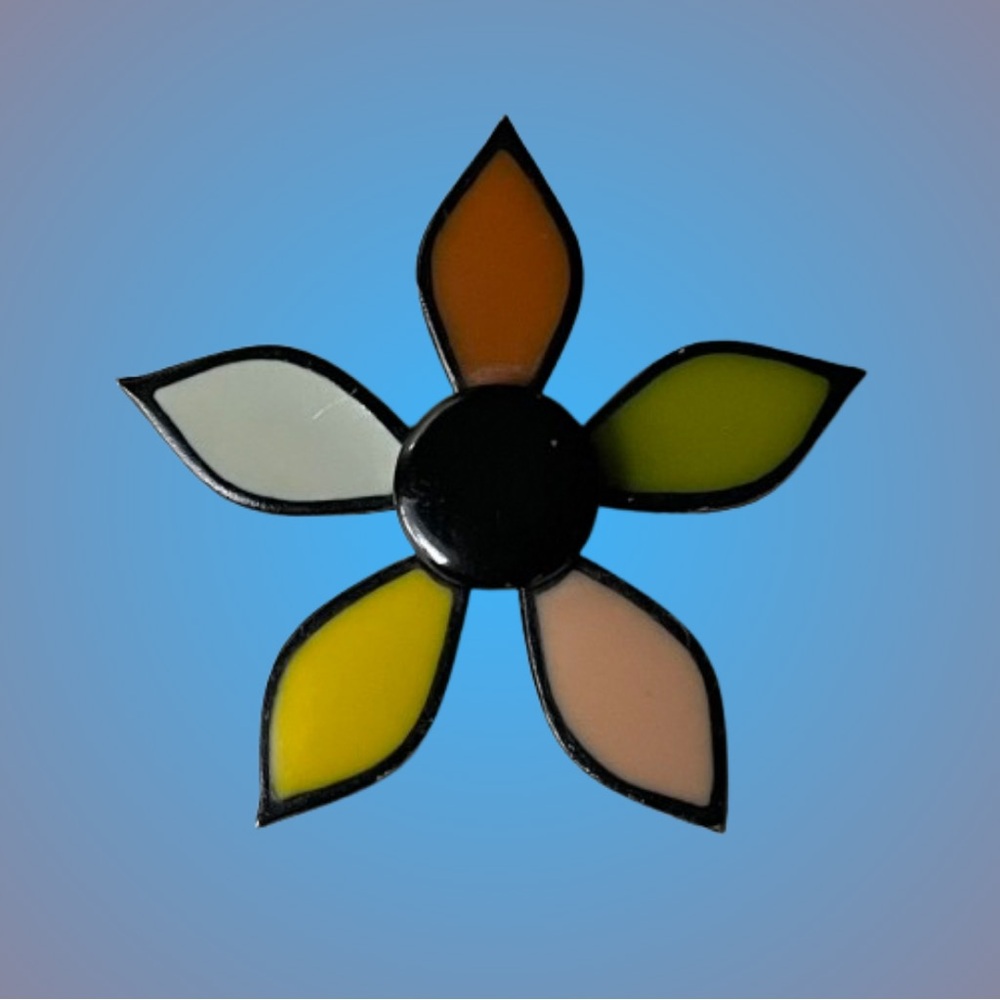 Vintage black metal five petal flower brooch w/ colorful enamel hippie boho mod
